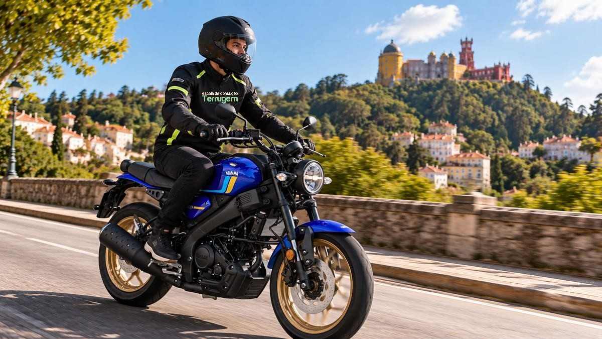 EC Terrugem student on a blue Yamaha XSR 125 in Sintra