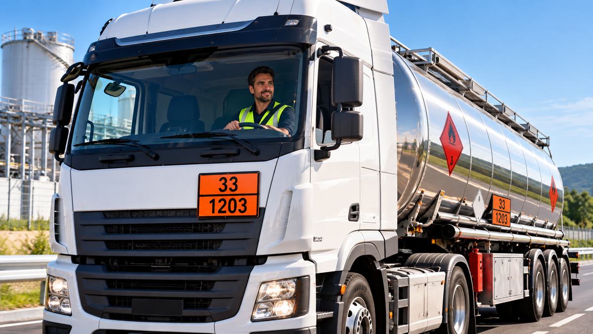 Dangerous goods lorry with orange plates