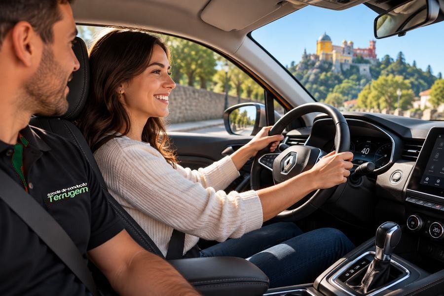 Student driving an automatic Renault, with the EC Terrugem instructor beside her
