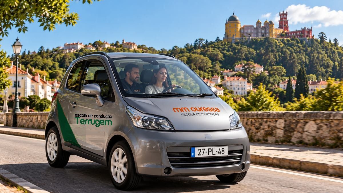 Student driving the EC Terrugem school quadricycle in Sintra, with the instructor beside her