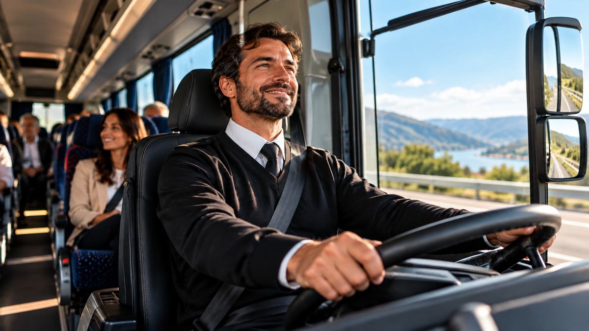 Professional driver at the wheel of a passenger bus, with passengers seated behind