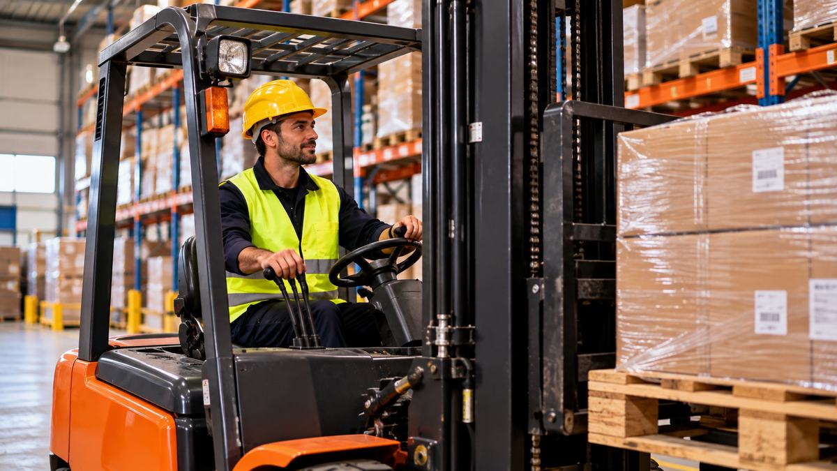 Trainee in a helmet and hi-vis vest operating a forklift in a warehouse, lifting a pallet
