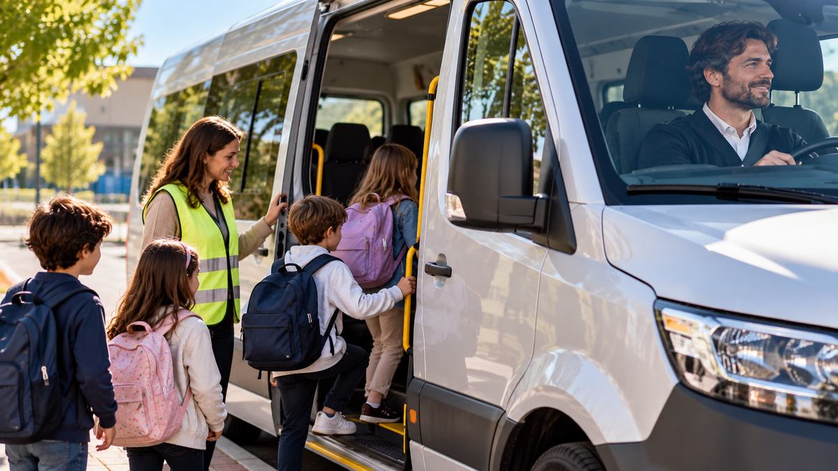 Children getting into a school transport minibus, accompanied by an escort in a hi-vis vest, with the driver at the wheel